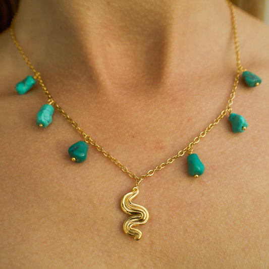 Golden Swirl Turquoise Unik Halskæde - Forgyldt